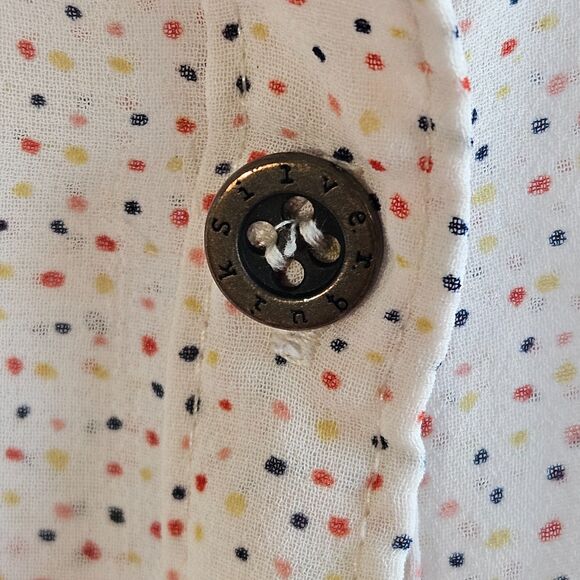 Quiksilver Women Button up Blouse Sz L Semi Sheer Raglan 3/4" Sleeve Polka Dots - Picture 10 of 16